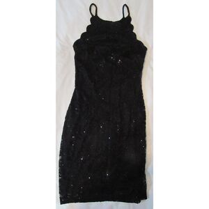 BCX DRESS SIZE 1 JUNIORS BLACK SPARKLES SCALLOPED ARMS ZIP BACK LACE FLOWERS